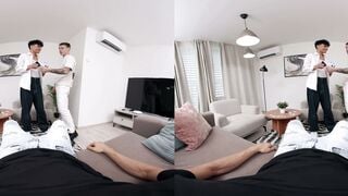 POV Gay Threesome: Muscular Tattooed Men Suck Cock On White Sofa