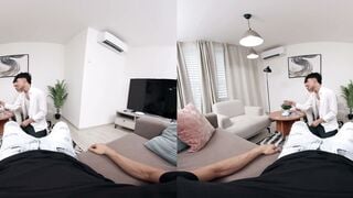 POV Gay Threesome: Muscular Tattooed Men Suck Cock On White Sofa