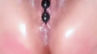 Vagabunda Squirts Creampie on White Sofa with Beaded Dildo