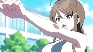 Busty Blonde Anime Girl Rides Massive Cock in Red Bikini at Outdoor Track