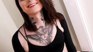 Tattooed Trans Brunette Stripteases in Black Lingerie on Stairs