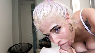 Tattooed Latina MILF Deepthroats Big Cock in White Lingerie