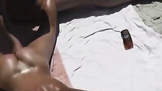 Wife Fingering Wet Pussy on Beach Towel in Public