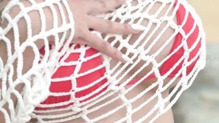 Asian Model Kat Strips Red Bikini on Beach Exposing Wet Pussy and Boobs