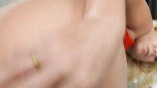Amateur Blonde Sucks Cock & Exposes Wet Shaved Pussy In Red Bra