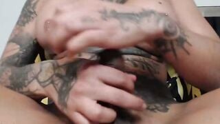 Tattooed Busty Shemale Jerks Hard Cock Solo Cam Tease