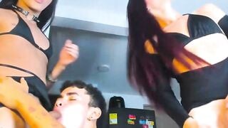Two Trans Femboys Suck Cock And Stroke Big Black Dick In Threesome