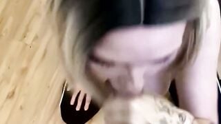 Blonde Stepdaughter Deepthroats Stepfather's Fat Cock on Hardwood Floor