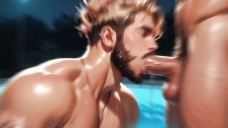 Muscular Anime Threesome: Wet Muscles & Hardcore Pool Sex