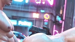 Naked Cop Pounds Wet Muscle Ass Raw in Neon Rain Alley