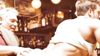 Muscular Bear Deepthroats Thick Cock & Gets Anal Creampie in Public Bar