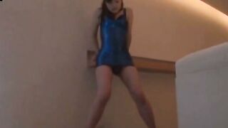 Japanese Girl In Tight Blue Latex Sucks Cock Deepthroat On Sofa