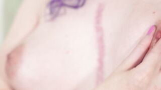 Purple Haired Shemale Striptease & Big Tits POV Handjob on White Couch