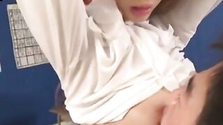 Japanese Teacher in White Tights Sucks Student's Hard Cock in Classroom