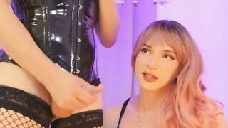 Pink Hair Shemale Kneels To Watch Boss Tug Thick Hard Cock In Fishnets