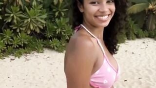 Ebony Babe Pounded in Pink Bikini on Beach Chair