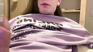 Tgirl Jerks Off Slowly in Sweatshirt with Tip Leaking Pre