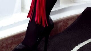Maria Body Solo Oil Play in Tight Red Fishnet Lingerie & Black Lace Corset