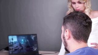 Blonde Step-Sis Deepthroats Nerd Brother While He Watches Porn