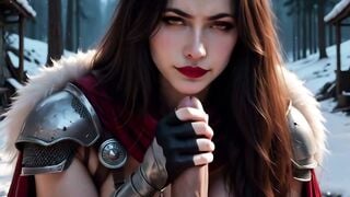 Brunette Warrior Cosplay Sucks Cock & Rides POV in Snowy Forest