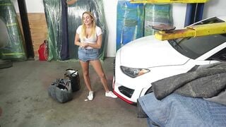 Busty Blonde Wife Deepthroats Tattooed Mechanic In Garage For Big Tit Facial Cumshot