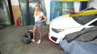Busty Blonde Wife Deepthroats Tattooed Mechanic In Garage For Big Tit Facial Cumshot