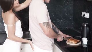 Sofia Smith Deepthroats Tattooed Man in White Bodysuit Kitchen Sex