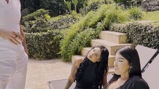 Tattooed Latina Stepdaughters Suck Big Cock Stepdad in Outdoor Threesome