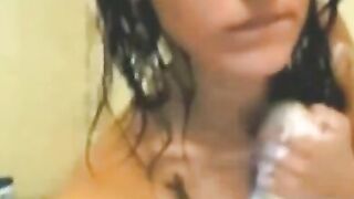 Amateur Babe Showering With Big Natural Tits And Hairy Pussy