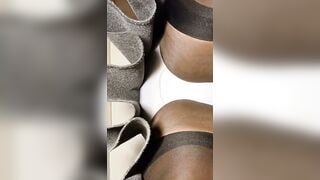 BlueGirl70 Upskirt Tease in Tight White Panties & Sheer Black Stockings