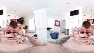 Tattooed Bearded Man Licks Foot Then Sucks Cock On White Couch