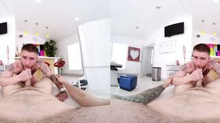 Tattooed Bearded Man Licks Foot Then Sucks Cock On White Couch