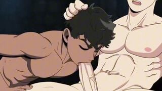 Muscular Dark-Skinned and Blond Studs Share Brown-Haired Lover in Intense Gay Oral Scene