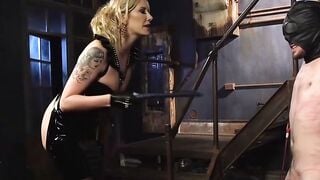 Madeline Marlowe Pegging Tattooed Slave in Dungeon Suspension Bondage