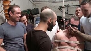 Blindfolded Mechanic Mike Gaite Rope Bound & Gangbanged in Garage