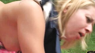 Blonde sluts gets fuck into the woods by a masked man