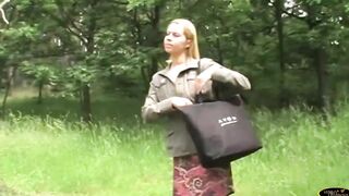 Blonde sluts gets fuck into the woods by a masked man