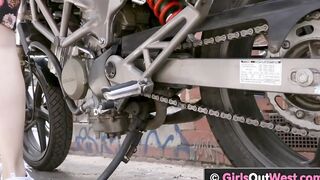 Beauty big boobed blonde dyke gets licked next to her motorbike
