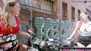 Beauty big boobed blonde dyke gets licked next to her motorbike