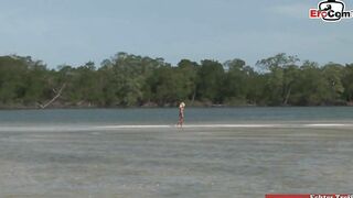 Outdoors anal three-way into a river with a slim blonde