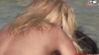 Outdoors anal three-way into a river with a slim blonde