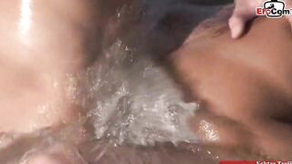 Outdoors anal three-way into a river with a slim blonde