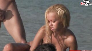 Outdoors anal three-way into a river with a slim blonde