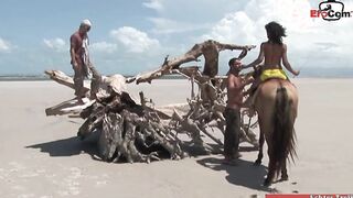 Ebony haired petite woman gets pounded into the butt into a 3some