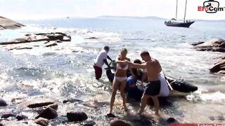 Outdoors anal Gang Bang at the beach with a pretty titties blonde