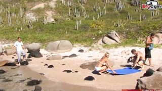 Outdoors anal Gang Bang at the beach with a pretty titties blonde