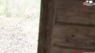 Thin cougar has MMF 3 way into the forest with cum into mouth