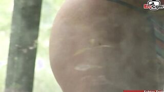 Thin cougar has MMF 3 way into the forest with cum into mouth