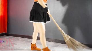 HALLOWEEN 2021 Witch inside a beauty red suit. Red-haired witch with pumpkins and a broom. Regina Noir