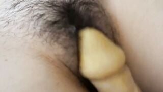 Amateur Wife Stretches Tight Hairy Pussy With Big Dildo